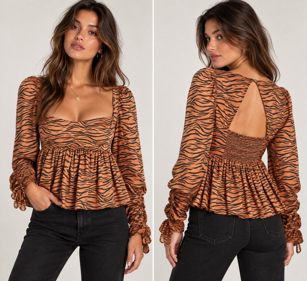 Free People Womens XS Tiger Print Open Back Peplum Top NWT $98 Ruched Sleeve